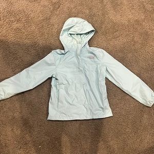 Girls north face light blue rain jacket